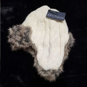 C.H.A.O.S. Faux Fur Fleece Lined Chaos Cream Knit Trapper Hat NWT $40